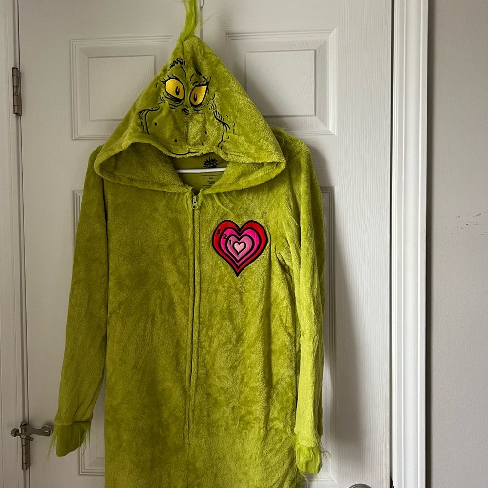Green Grinch Hooded Onesie with Heart Patch